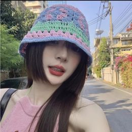 Pastoral Cotton Thread Knit Bucket Hat Spring and Summer Cute Flowers Hollowed Breathable Japanese Basin Caps for Women 240521