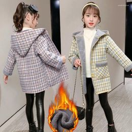 Jackets Children Outerwear Autumn Winter Plaid Thick Velvet For Girls Long Hooded Warm Woollen Coats 6-14 Years Kids Clothes