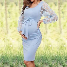 Elegant Women Bodycon Pregnancy Flower Mesh Long Sleeve Elastic Maternity Daily Solid Colour Photography Dress L2405