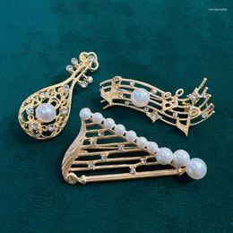 Brooches Morkopela Fashion Freshwater Pearls Musical Instrument Brooch Metal Lute Organ Note Pins Scarf Clip Clothes For Women Girl