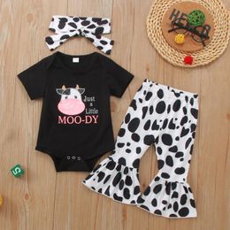 Clothing Sets 3 6 9 12 18Months Born Baby Girls Summer Outfits Cow Prints Short Sleeves Romper Flared Pants Headband 3Pcs Clothes Set