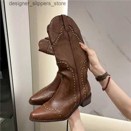 Boots Stud boots for womens 2023 low heel denim Chelsea West short leather knee high luxury designer Gothic new rock shoes retro Q240521