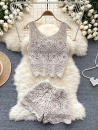 Women's Tracksuits Boho Holiday Two Piece Sets Womens Outifits Crochet Hollow Out Spaghetti Strap Tank Top Elastic High Waist Shorts Set