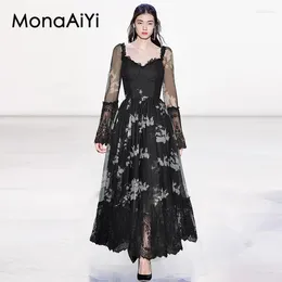 Casual Dresses MonaAiYi Fashion Designer Women's Summer Square-neck Flare Sleeve Mesh Lace-Edge Pleated Printed Big Swing Dress