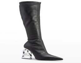 Winter Brands Keira Heels Pop Leather Boots Baraque High Heels Silvertone Logo Lettering Long Knee Boot Black Stretch Pointed toe9826473