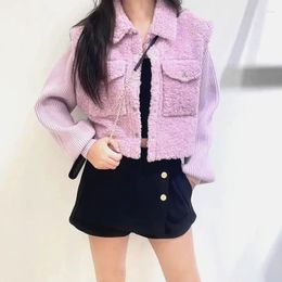 Women's Jackets 2 Colours Women Knitwear Splice Short Silhouette Jacket Turn-down Collar Single Breasted Female Long Sleeve Fashion Coat 2024