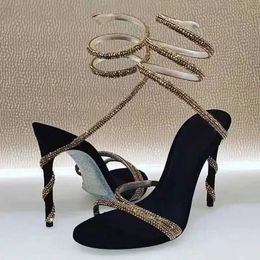 Sandals 2024 New Luxury Womens Sandals Sexy Gold Rhinestone Snake Surrounding Crystal Contrast High Heel sneakers J240520