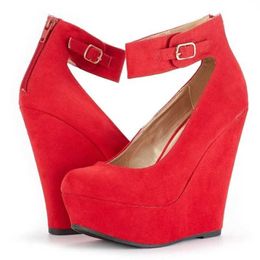 Dress Shoes Women Shoes Flock Buckle Bowtie Strap High Heels Sexy 14cm Platform Wedges Female Pumps Red Wedding Shoe H240521