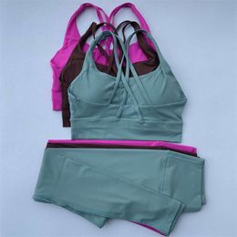 Gym Sports Yoga Set Women Workout Outfit 2 Piece Fiess Suit High Waist Leggings Cross Straps Bra Top Running Tracksuit F2405 F2405 L405 L405