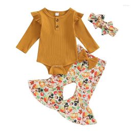 Clothing Sets Born Infant Baby Girl 3Pcs Thanksgiving Clothes Flying Sleeve Crewneck Romper Turkey Pattern Flare Pants Headband Outfit