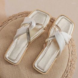 Slippers 2024 Summer Women 1.5cm High Heels Pumps Silk Cross Belt Flat Party Casual Elegant Beach Silver Gold Plus Size Shoes