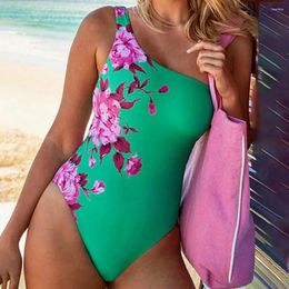 Women's Swimwear Vintage Green Print One Shoulder Bikini Trend 2024 High Waist Piece Swimsuit Fashion Strap Cover Up Elegant Set