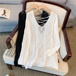 Women's Blouses White Thin Hollow Out Knitted Tops Women Summer Casual V-Neck Loose Lace-Up Pullovers Fashion Bandage Y2k T-shirt Trendy