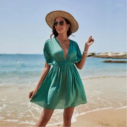 Beach Clothes Women 2024 Cover One Piece Dress Korean Style Neck Solid Color Girdle With Under High Waist Defense Acrylic