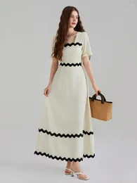 Casual Dresses Womens Summer Dress Square Neck Short Puff Sleeve Long Ric Rac Tie Back Smocked A-Line Flowy Maxi