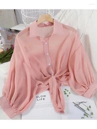 Women's Blouses Casual Loose Hollow White Clothes Elegant Solid Colour Tied Waist Blouse Women Summer Bat Half Sleeve Button Chiffon Shirt