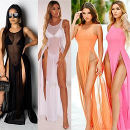 Women Sexy Mesh Sheer Long Dress See Through Bikini Cover Up Beach Sundress Solid Sleeveless Strap 240518