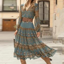 Casual Dresses Women Long Sleeve Midi Dress Vintage Print A-line Feminine Bohemian Style With Flattering High Waist Sleeves Floral