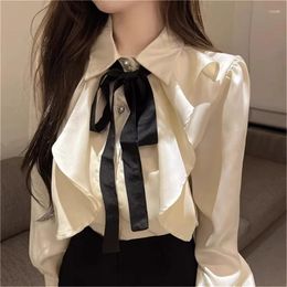 Women's Blouses Fashionable Top With Butterfly Bow Tie Collar And Graceful Ruffled Hem Long Sleeve Tops N7YF