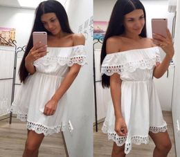 Fashion Women Elegant Vintage sweet lace white Dress Stylish Sexy Slash Neck Casual Slim Beach Summer Sundress Female vestidos2383336