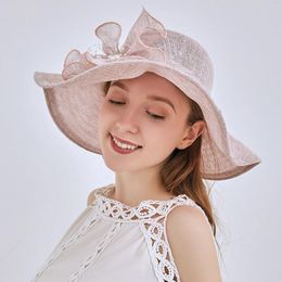 Wide Brim Hats Women's Large Sun Hat Summer Floral Pearls Beach Korean Style Straw Women Elegant Bucket Cap