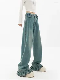 Women's Jeans Blue Ruffled Straight Women's Korean Baggy Loose High Waist Wdie Leg Washed Flare Denim Pants Mopping Trousers Female Y2K