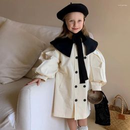 Jackets 2024 Korean Spring Autumn Girls Loose Coat Long Baby Princess Patchwork Lapel Children Sweet Girl Winter Clothes