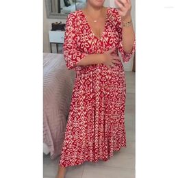 Casual Dresses 2024 Autumn Deep V-Neck Fragmented Flower Resort Three Quarter Sleeve Beach Loose Waist Pullover Versatile Women Long Dress