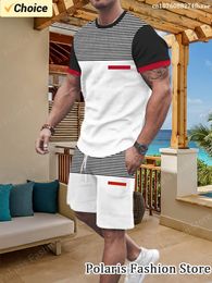 Summer black and white striped clothing T-shirt set mens short sleeved casual two-piece set mens sportswear 240518