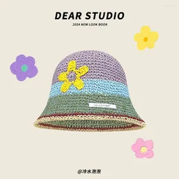 Wide Brim Hats Japanese Sweet Flower Striped Straw Hat Women Summer Travel Versatile Sunscreen Sunshade Breathable Face Small Bucket