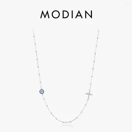 Chains MODIAN 925 Sterling Silver Simple Blue Eyes Zirconia Charm Necklace Trendy Cross Beads Link Chain For Women Party Fine Jewellery