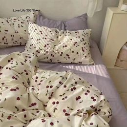 Ins Cherry Bedding Set Twin Full Queen King Size Purple Bed Linen Girls Adults Bed Flat Sheet Pillowcase Comforter Duvet Cover 240521