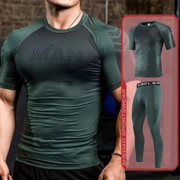 2pcs Set Men Running Compression Sportswear Suits Gym Jogging Leggings Fitness Tight Sport T-shirt Pants Outdoor Sweatpants 240521