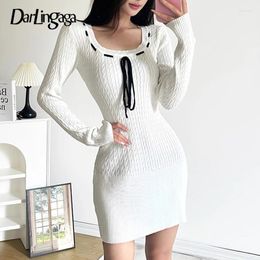 Casual Dresses Korean Fashion Basic Sweet Knitted Sweater Dress Women Twisted A-Line Autumn Front Tie-Up Square Neck