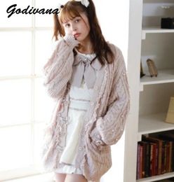 Women's Knits Japanese Style Autumn And Winter Sweet V-neck Single-Breasted Cardigan Sweater Coat Bow Design Long Knitted Jacket For Women