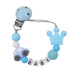 Pacifier Holders Clips# 1 car silicone personalized name baby pacifier clip crochet beads silicone crown pacifier chain holder baby shower gift d240521