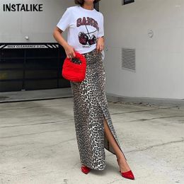 Skirts InstaLike Sexy Leopard Long Skirt Side Slit Straight Streetwear Womens Trends Office Lady Summer Elegant Luxury