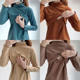 Autumn and Winter High-neck Breastfeeding Maternity Clothes For Women Solid Colour Long Sleeve Pregnancy Wear Nursing Tops L2405