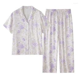 Home Clothing Fashion Floral Viscose Women's Short Sleeve Pyjamas Sets Long Pants Loose Comfortable Sleepwear Suits