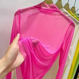 Women's T Shirts DAYIFUN-Transparent Bottoming T-shirt For Women Long Sleeve Gauze Half High Collar Sunscreen Tops Summer Clothing 2024