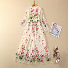 Spring Multicolor Tulle Floral Embroidery Dress Long Sleeve Round Neck Panelled Long Maxi Casual Dresses S3N121102