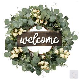 Decorative Flowers Green Artificial Eucalyptus Wreath With Welcome Sign Spring Summer White Berries For Front Door Wall Window Decor