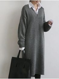 Casual Dresses South Korea Early Autumn Winter 2024 Woolen Dress V-neck Knitted Pullover Bottom Shirt Large Loose Over Knee Long