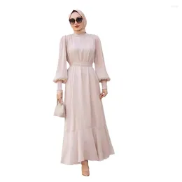 Casual Dresses 2024 Women's Moslem Style Solid Colour Ruffle Edge Large Hem Design With Tie Up Long Sleeves Elegance Fashion Dress