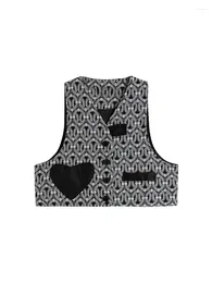 Women's Vests Women Loose Fit Black Pattern Spliced Short Casual Vest V-collar Sleeveless Fashion Tide Spring Autumn 2024 Feamle Tops