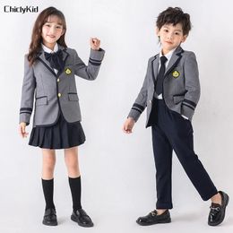 Child School Uniform Girls Korean Japanese Navy Jacket Pleated Skirt Boys Formal Dress Suits Kids Student Clothes Class Sets 240518