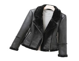 PU Faux Lamb Leather Jacket Women Faux Shearling Sheepskin Coats Thick Warm Winter Black Motorcycle Female Overcoat6879866