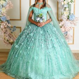 Mint Green Off Shoulder Quinceanera Dress Prom Dress Floral Applique Princess Dress Lace Beads Sweet 15 Year Old Party Dress
