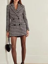 Casual Dresses Mini Dress For Ladies 2024 Houndstooth Plaid Double Breasted Hollow Out Elegant Long Sleeve Robe