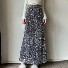 Skirts High Waist Sequined Skirt Women 2024 Autumn Office Lady Basic Midi Chic Elegant Glossy Long Black Summer